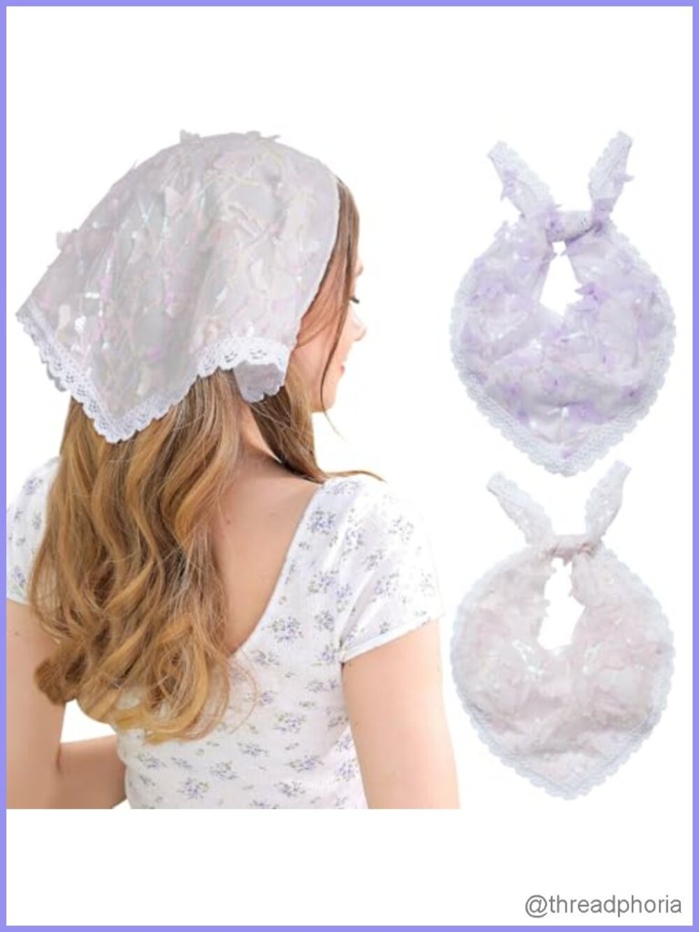 2 Floral Lace Head Scarves, Boho Triangular Bandana for Women, Lightweight